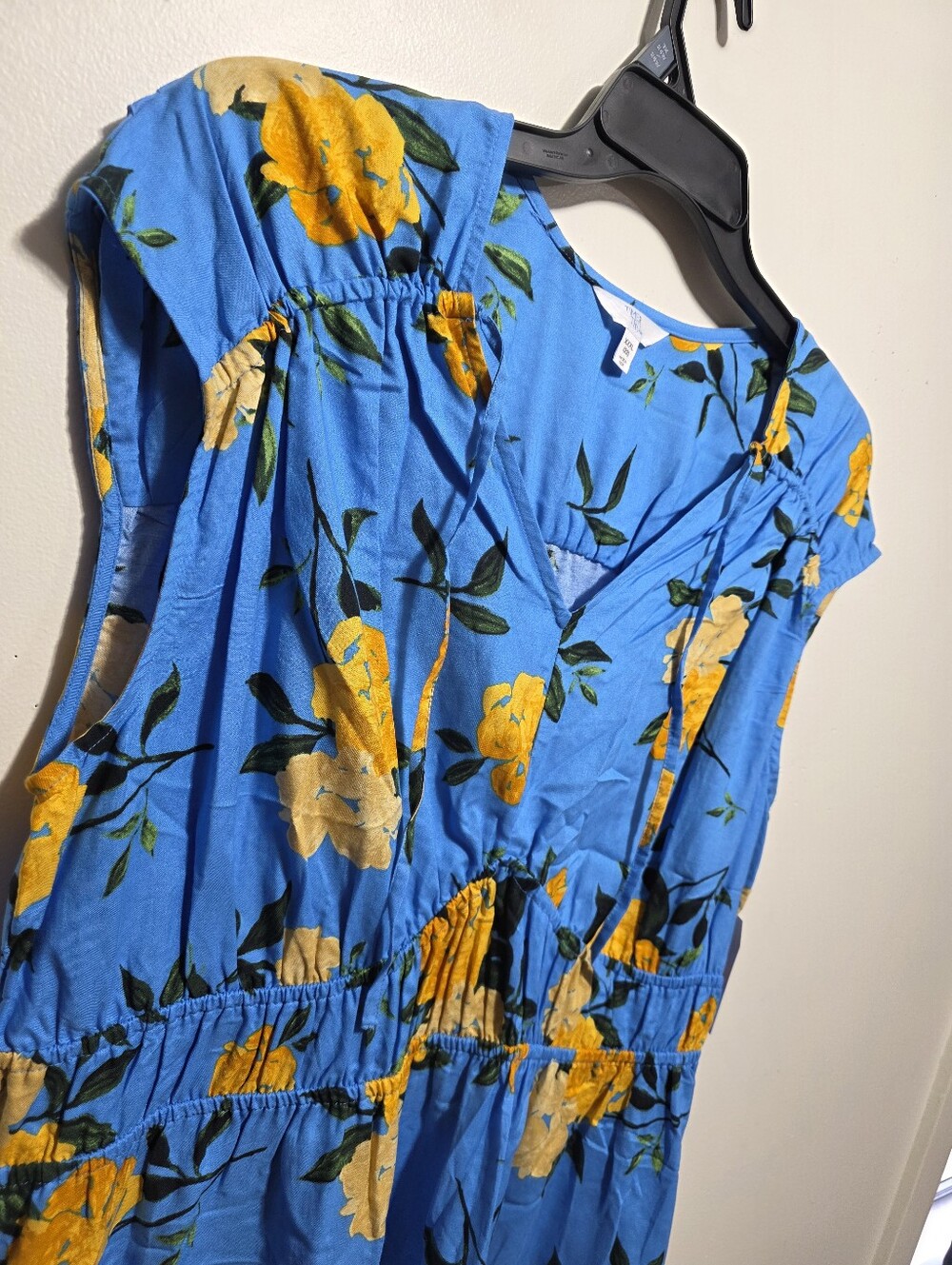 NWT! Time & Tru Blue Floral Midi Dress Plus Size XXXL 22 Yellow Flower Tie Neck - Picture 4 of 6